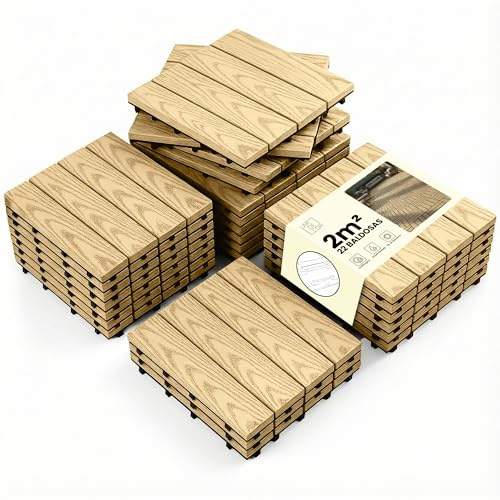 LARDECOR - Baldosas Encajables WPC 30x30 cm para Suelo, Pack 22 Piezas, 2 m², Losetas para Terraza, Balcón, Patio y Jardín, Diseño con Drenaje y Superficie Antideslizante (Teca)