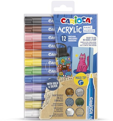 CARIOCA Marcatori Acrilici Punta Maxi Set 12 Colori, Pennarelli Acrilici Punta Larga per Decorazione Artistica, DIY e Progetti Creativi