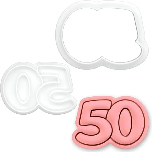 BAKERLOGY Zahl 50 Mini Ausstechform & Stempel-Set – Jubiläum Zahlen Motiv, Fondant-Präger, Keksstempel für 50. Geburtstag, Jahrestag, Feier, Backzubehör