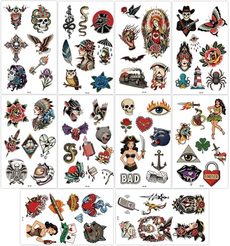 Qpout 10 Blätter Klassische Old-School-Stil Temporäre Tattoos, Traditionelle Blumen Rose Retro Bunte Körperkunst Arm Fake-Tattoos Sticker für Erwachsene Frauen Männer