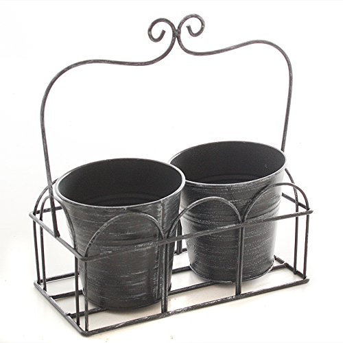 dekorativer Pflanzkorb Blumenkorb Kräutertopf mit 2 Pflanztöpfen Metall schwarzgrau Shabby Optik Landhaus