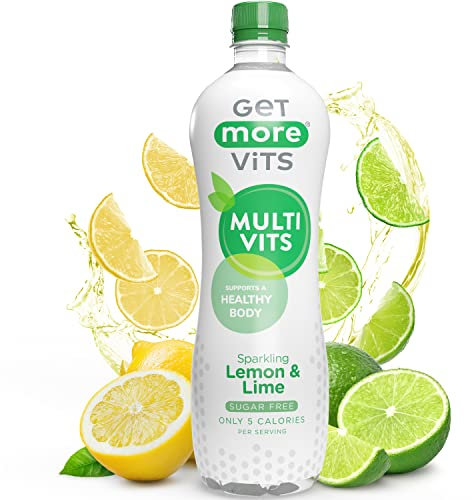 Get More Vits Sparkling Water - Low Calorie, Sugar Free, & Multivitamin Flavoured Water - Fizzy Drink with Vitamin D, C, & B Vitamins - Lemon & Lime Spring Water - 1 Litre Bottles, Pack of 12