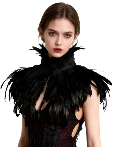 keland Gothic Feder Umhang Cape Federkragen Rabe Krähe Cosplay | Goth Feder Schulter Federschal, Halloween, Vampir Krähe Maleficent Kostüm, Karneval, Fasching, LARP