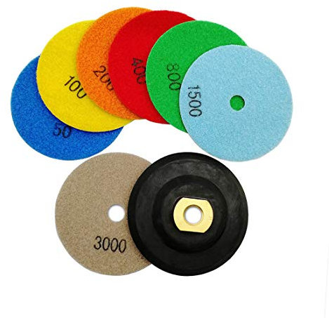 SHDIATOOL Diamant Polierscheibe Trockene Diamant Polier Auflagen 7 Stk. Durchmesser 4 Zoll Diamantpolierset für Granit Marmor Stein(Mischen Streugut und Gummi Unterstützer)