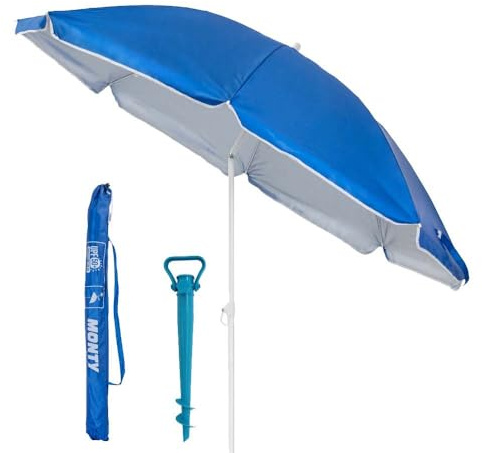 LOLAhome Pack de sombrilla de Playa de 8 Varillas y Soporte de Arena con protección Solar UPF+50 de Acero y Nylon Azul, de Ø 200 cm