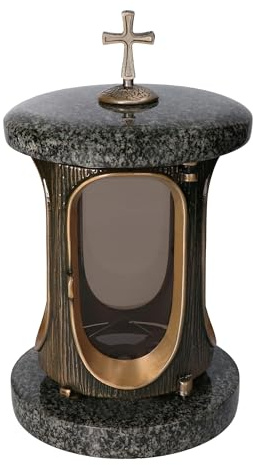 Vershy Elégant Stilfull gravlykta, svensk svart granit, höjd 28 cm/diam. 15 cm, gravlampa, gravljus, granitlampa, granitlykta, brons med fot, gravsmycke