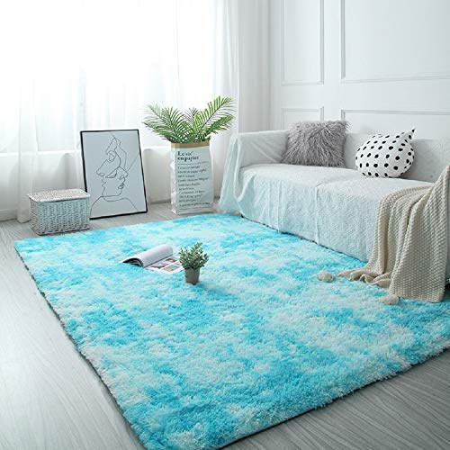 Tinyboy-hbq Teppich Rund Flauschig Teppiche Groß Modern Hoher Stapel rutschfest Ultra Weich Passend für Wohnzimmer Schlafzimmer Kinderzimmer,Blau Weiß,185x185cm