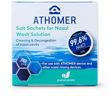 Athomer Nasal Wash Salt - 50 Sachets x 2.5g of Sea Water Salt - Cleans and Decongests The Nasal Cavity - Gentle and Moisturizing for Adults and Kids