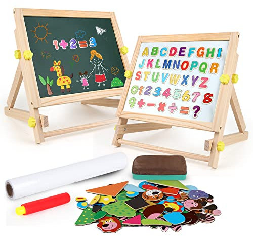 kramow 3 in 1 Lavagna per Bambini 3 Anni,Cavalletto per Bambini con Lettere e Numeri Magnetici,Animale Puzzle,Rotolo di Carta,Lavagna Magnetica in Legno Giocattoli Educativi 4 5 6 7 8 anni