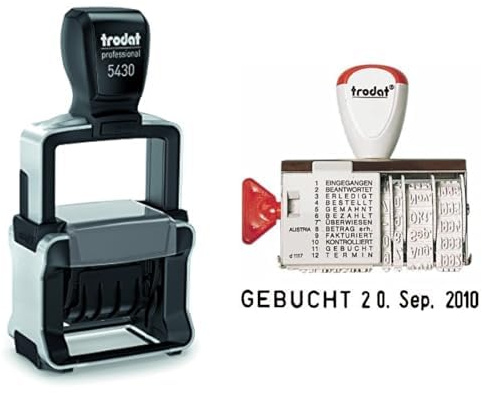 Trodat Professional Datumsstempel 5430/L, Selbstfärbend, EINGEGANGEN - BEZAHLT - GEBUCHT, blau-rot & 1117 Classic Datums- und Wortbandstempel, Monat abgekürzt, Abdruckgröße 6 x 56 mm, schwarz