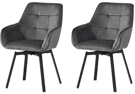CLIPOP Esszimmerstühle 2er Drehbar Set mit Armlehne, Samt Polsterstuhl Gepolstert Sitz Küchenstuhl Drehstuhl Armlehnenstuhl für Esszimmer Wohnzimmer Büro (2er Set, Samt Dunkelgrau)