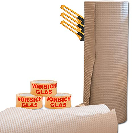 verpacking Polsterpapier 130 g/m² | Luftpolsterpappe 50 cm x 70 m | Umweltfreundliches Noppenpapier auf Rolle | 3x Cutter & 3x Vorsicht Glas
