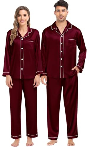SWOMOG Ensemble de pyjama assorti en soie avec 2 poches, manches longues boutonnées, vêtements de détente, Deep Wine Red - Femme, XL