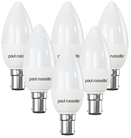 paul russells LED Candle – Small Bayonet Fitting Dimmable Light, 5.5W B15 C37 LED Bulbs, 40w Equivalent, 6500K Daylight, Dimmer SBC Energy Saving Ceiling Lightsbulbs, Pack of 6