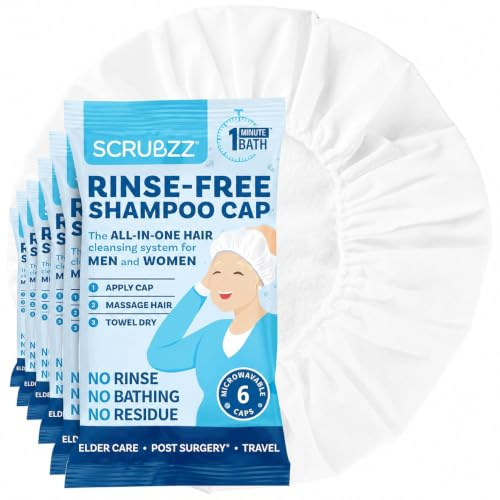 Scrubzz Spülfreie Shampoo-Kappen, Shampoo-Kappen für bettridden Patienten, Haarwaschen, Duschhauben für ältere Menschen, wasserlose, kein Ausspülen erforderlich–6 Stück
