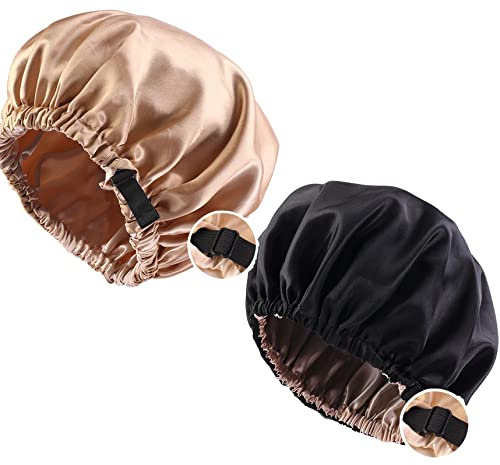 2 pcs Satin Schlafhaube Haar Mütze Mädchen Seidenmütze,Damen Lange Satin Mütze Schlafhaube Extra Große Satin Haarhaube Doppellagig Verstellbare schlafhaube haare schützen（schwarz+Khaki）