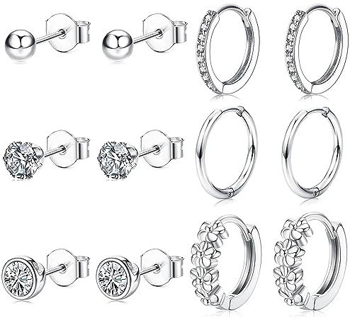 JeweBella 6 Paar Ohrringe Silber 925 für Damen Mädchen - Creolen Hypoallergen Zirkonia Ohrstecker Knorpel Set Klein für Mehrere Piercings