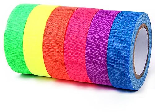 Fluorescente Néon Ruban 6 Rouleaux Ruban Autocollant Néon UV Rubans Adhésifs Fluo Gaffer Bande Fluorescente Autocollante Scotch Couleur Rubans Adhésifs pour Décoration, Halloween, Noël, Fêtes
