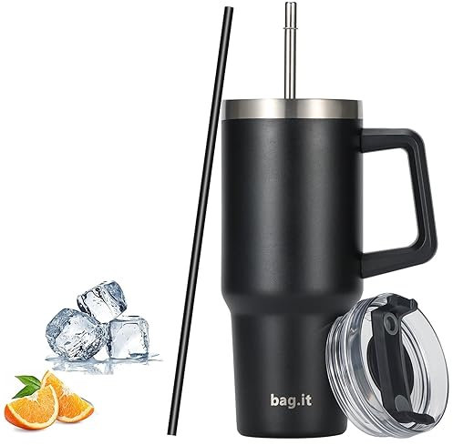 Travel Mug with Straw and Lid 30oz, Tumbler with Handle, Stainless Steel Double Wall Travel Flask with +2 Straws | Insulated Coffee Cup for Hot or Iced Drink (Black, 30oz)