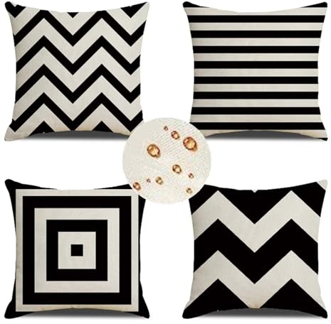 Outdoor Wetterfest Kissenbezug 45x45 cm 4er Set Schwarz Kissenbezüge Weiss Outdoor Kissen Wasserdicht Leinen Sofakissen Dekokissen für Garten Couch Terrasse Bank Stuhl Outdoor Heimdekoration Geschenke