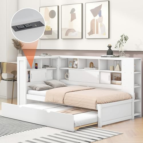 Idemon Cama con plataforma 90 x 200 cm (90 x 190 cm), cama para niños, cama con plataforma con cama extraíble, cama de plataforma con compartimento de almacenamiento con USB (blanco)