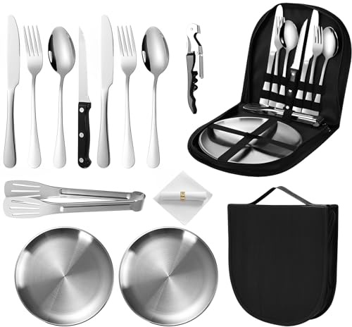 TFSZE Set Posate da campeggio,Posate da Campeggio in Acciaio Inox Posateria,12 Posate da Viaggio con Coltello Cucchiaio Forchette Piatti Apribottiglie e Panno per Campeggio Picnic Viaggi(Argento)