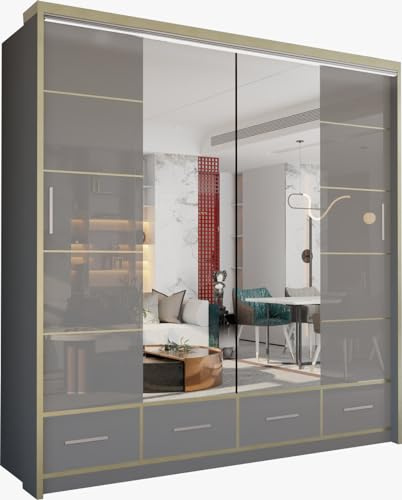 MN Furniture Sudenia High Gloss 2 & 3 Sliding Doors Wardrobe with Mirror, Drawers Cabinet with Storage Cabinets Hanging Rails Art Decor Closet in White, Black and Grey (Grey, 203cm)