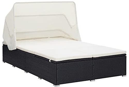 Homgoday Sonnenliege mit Klappdach & Auflage Doppelliege Gartenliege Sonnenliege Relaxliege Strandliege Sonnenbett Balkonliege Freizeitliege für Garten Balkon Poly Rattan Schwarz