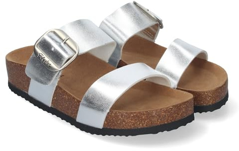 shoes&blues.es 84891 Sandalia de Mujer Planas Material Bio, Pala Fina, Comodas y Elegantes, Talon Abierto y Decorada con Hebilla, Ideales para Primavera-Verano Plata Talla 40