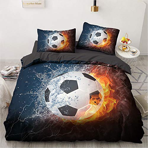 YASMENG Housse de Couette Football 220x240 Garçons Flamme Eau 3D Parure de Lit Doux Linge de Lit pour Adolescents Enfants Cadeaux avec Fermeture Éclair et Taies d'oreiller 65x65 cm
