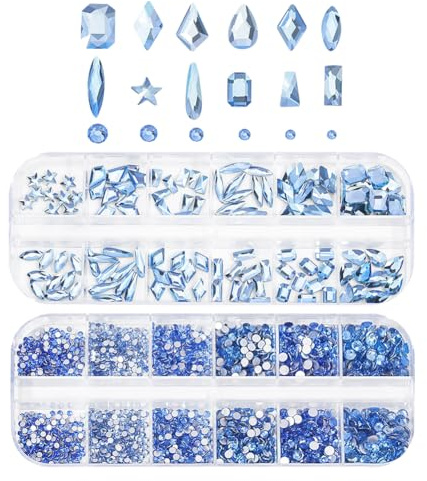 FSSTUD Runde Strasssteine mit flacher Rückseite, Glaskristall, Nagelkunst, Diamanten, Make-up, Juwelen, kleine Nagel-Edelsteine, mit Aufbewahrungsbox für Gesicht, Blau, ca. 3000 Stück
