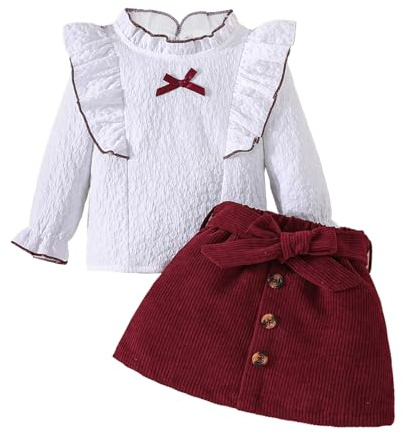LUVCES Ensemble Bébé Fille Manches Longues à Volants Tops + Mini-jupe à nœud papillon 2 pièces Robe Globale Vêtements Tenues Bourgogne + Blanc 2-3 Ans