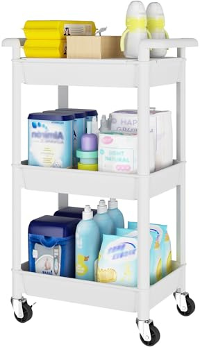 Storage Trolley on Wheels Kitchen Vegetable Trolleys Plastic 3-Tier Trolley for Book Beauty Art Craft Makeup Toy Trolleys with Plastic Shelves Rolling Utility Storage Cart for Bathroom Office, White