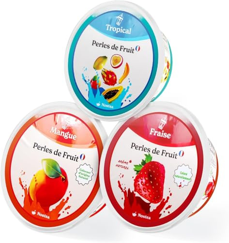 Nostea - Lot de 3 Pots, Perles Bubble Tea Tropical, Mangue, Fraise - Popping Boba, Sans Gluten - Perles au Jus de Fruit pour pour Thé, Boissons - Fabrication Française - 3x 450 gr