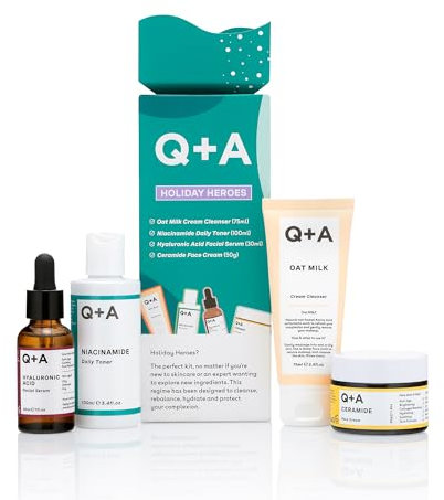 Coffret de soins de la peau Q+A Holiday Heroes – Régime en 4 étapes avec Nettoyant au Lait d'Avoine, Toner à la Niacinamide, Sérum à l'Acide Hyaluronique, Crème pour le Visage aux Céramides