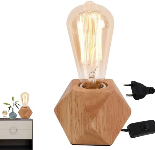GOMETY Tischlampe aus Holz Schalter, Kleine Nachttischlampe mit Diamant-Holzsockel E27 kompatibel mit Glühlampen LED-Leuchten max60W Perfekt für Schlafzimmer Wohnzimmer oder Büro(Ohne Glühbirne) (1)