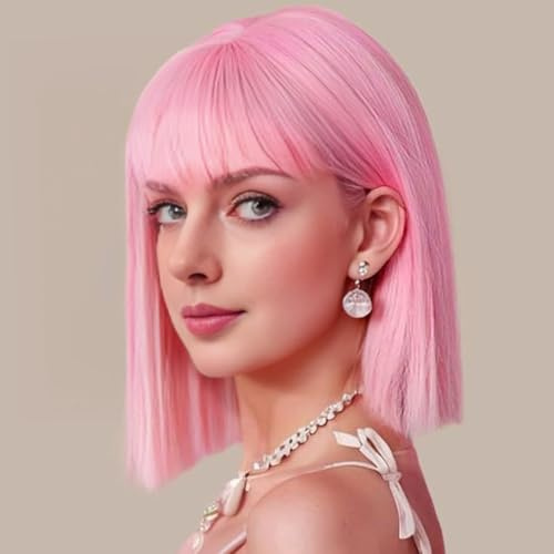 PARXITN Kort bob rosa hår peruker rak med platt lugg 30 cm (12 tum) syntetisk färgglad cosplay halloween karneval karneval daglig fest peruk för kvinnor kvinnor