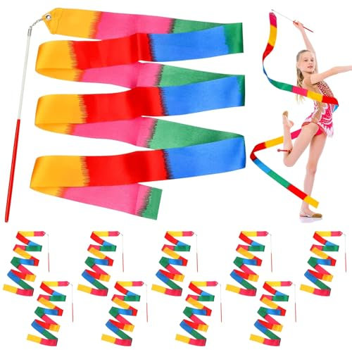 YOUNGSAY 10 Stück Rhythmische Sportgymnastik Band, 2M Tanzbänder mit Rotierender Stick, Mehrfarbig Gymnastikband Kinder für Tanzübungen der Rhythmischen Gymnastik