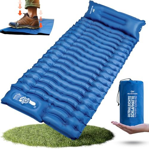 GELSENWERK® Isomatte Camping Ultraleicht 10cm & kleines Packmaß - Camping Luftmatratze mit Fußpumpe & Kopfkissen - Outdoor Schlafmatte isolierend für Wandern & Zelten