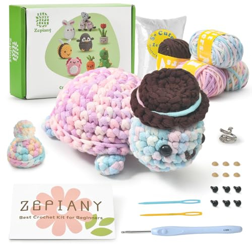 TranquilHome Häkelset für Anfänger Häkelset Tiere Häkeln für anfänger Deutsch Video-Tutorials, Crochet set, Amigurumi Häkeln für Anfänger Erwachsene Schildkröte-2 austauschbare Hüte dabei