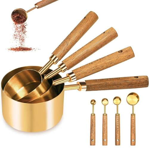 Jorzer Stainless Steel Measuring Cups and Spoons Set, 8PCS Gold Measuring Cups and Spoons with Wooden Handle for Cooking Baking Kitchen Tool