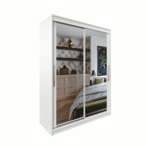 Easy4You White Series Full Mirror 120 cm Sliding Door Wardrobe Widths 100/120/150/180/200 cm Furniture for Bedroom Living Room Wardrobe with Hanging Rail