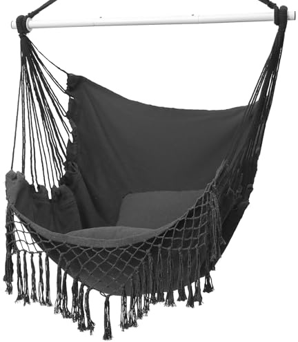 Chaise hamac, siège Suspendu avec 2 Coussins, Chaise Suspendue en macramé avec Poche latérale et Tige métallique à Haute capacité de Charge, pour l'intérieur et l'extérieur.