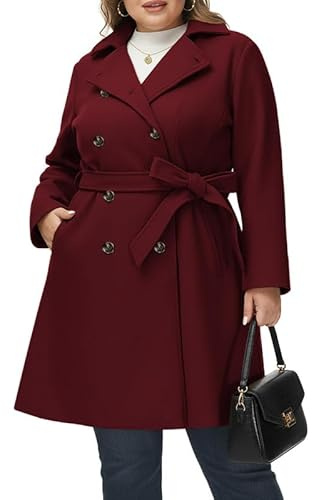 Hanna Nikole Abrigo de lana para mujer, tallas grandes, abrigo de doble botonadura de invierno, con bolsillos, cinturón, manga larga, gabardina media, Vino, 50 Grande
