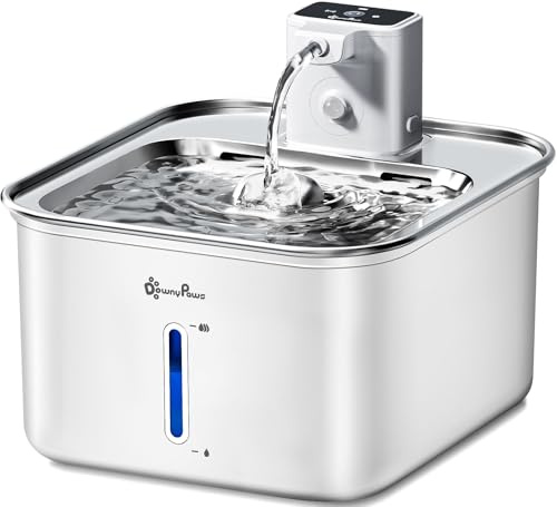 DownyPaws Fontaine à Eau pour Chat INOX sans Fil, 3 L, Quiet Pump, Blanc | Fontaine à Eau Chat Détecteur de Mouvement, Distributeur Chat à Batterie Rechargeable 4000 mAh, Facile à Nettoyer