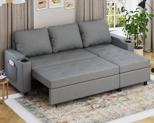 Devoko Ecksofa mit Schlaffunktion und Bettkasten L-Form Sofa 3-Sitzer Ausziehbares Schlafsofa Leinen Couch Kleines Schlafcouch für Wohnung und Wohnzimmer, Hellgrau