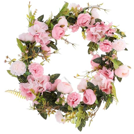 Warmhm Künstlicher Blumenkranz mit Lichterkette 40cm Sommerlicher Türkranz aus Realistischen Blüten in Champagnerfarben Dekorativer Haustür und Gartenkranz für Hochzeit und Feier