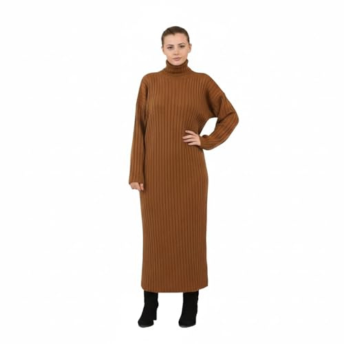 Ladies Knitted Maxi Dress Long Sleeve High Funnel Neck Pullover Jumper – Women’s Winter Warm Ribbed Long Dress, Soft Stretchy One Size Fit (UK 8–16)