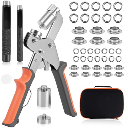 Eyelet Punch Kit, Eyelets and Punch kit 6/10mm Grommet Kit with 200PCS Metal Grommets Handheld Popper Fasteners Kit, Interchangeable Hole Puncher for Clothes Fabric Tarpaulin Poster Belts Cardboard