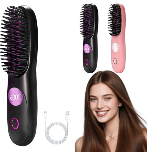Cordless Hair Straightener Brush, Go Brush Pro Hair Straighteners Comb with 3 Temp Settings, Rechargeable Brush for Straightening and Curling, Fast Heating & Travel-Friendly with LED Display (Black)